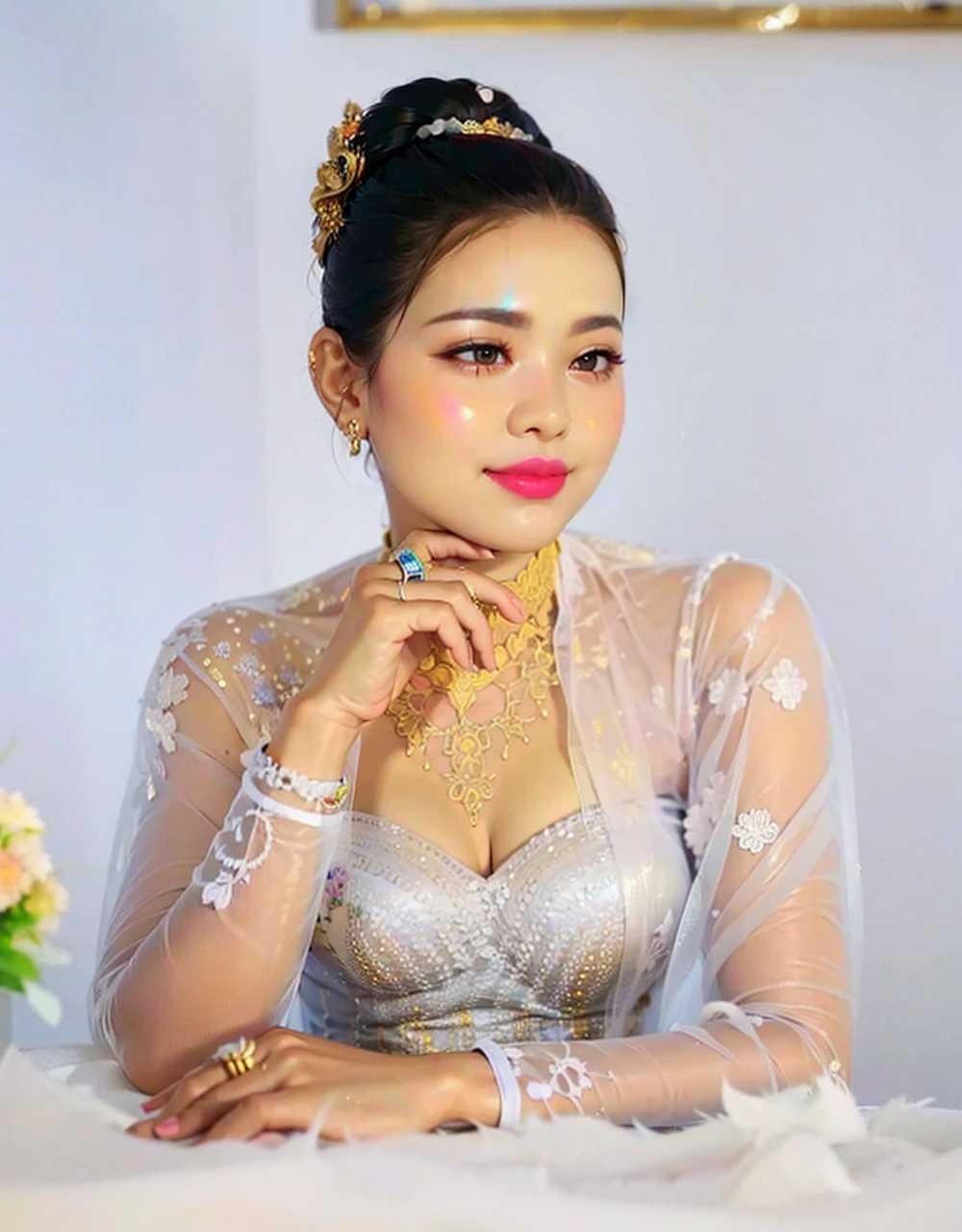 Myanmar outfit ,high quallity realistic photo,1girl, yellow teacher outfit, dark hair, white skin, light brown hair ornament,  yellow lace clothes,bride suit,longyi,burmese girl,wedding dress, high heel shoe, long legs, transparent lace ,sexy post