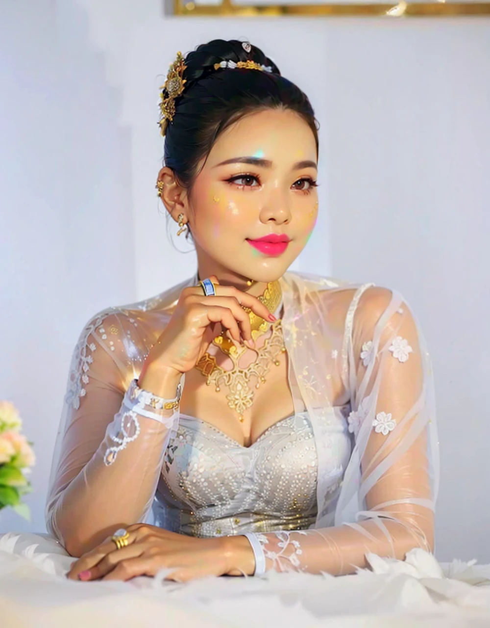 Myanmar outfit ,high quallity realistic photo,1girl, yellow teacher outfit, dark hair, white skin, light brown hair ornament,  yellow lace clothes,bride suit,longyi,burmese girl,wedding dress, high heel shoe, long legs, transparent lace ,sexy post