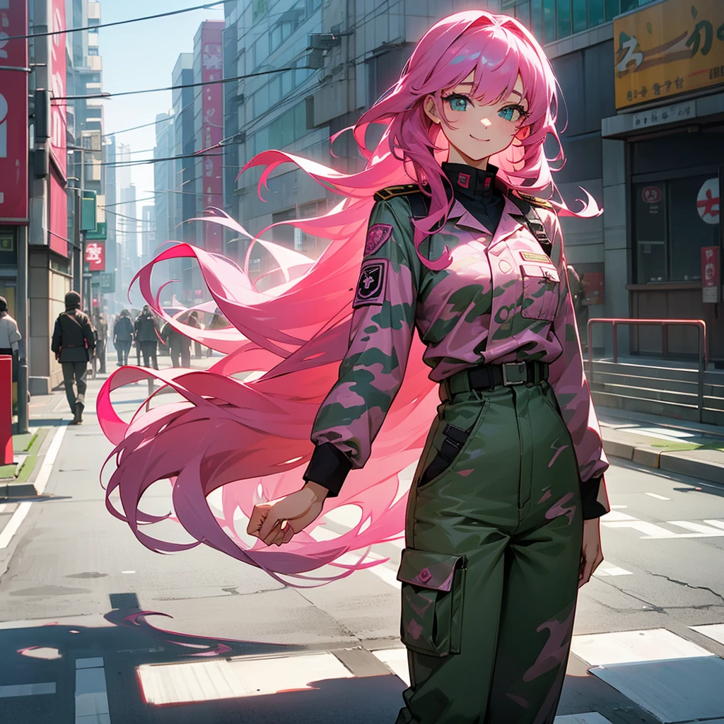 1female, adult, sexy, finely detailed aqua eyes, curly long hair, magenta hair color, pink hair color, military clothing, baggy military camo pants, standing on building, day time, tokyo streets, calm expression, smile, flowers