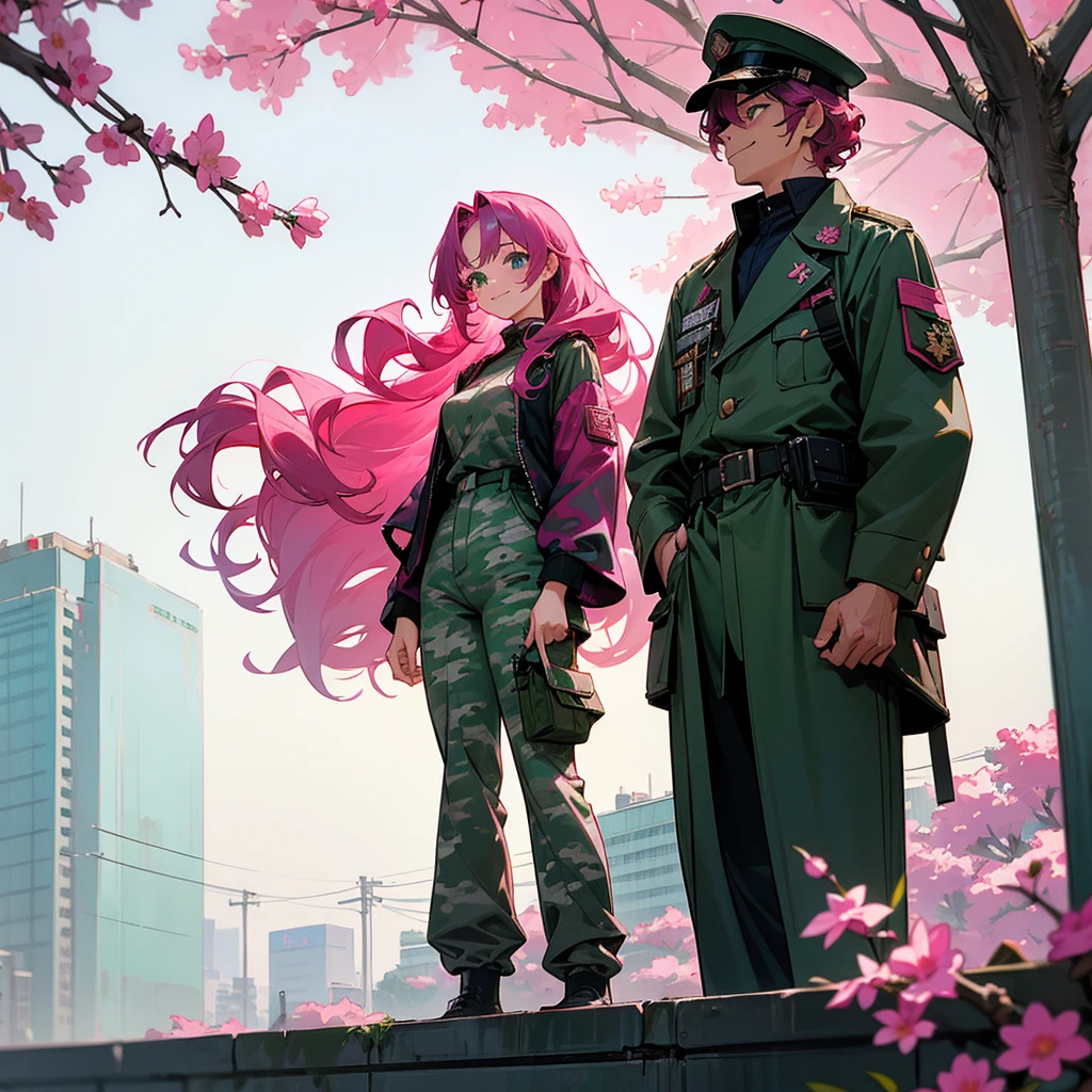 1female, adult, sexy, finely detailed aqua eyes, curly long hair, magenta hair color, pink hair color, military clothing, baggy military camo pants, standing on building, day time, tokyo streets, calm expression, smile, flowers