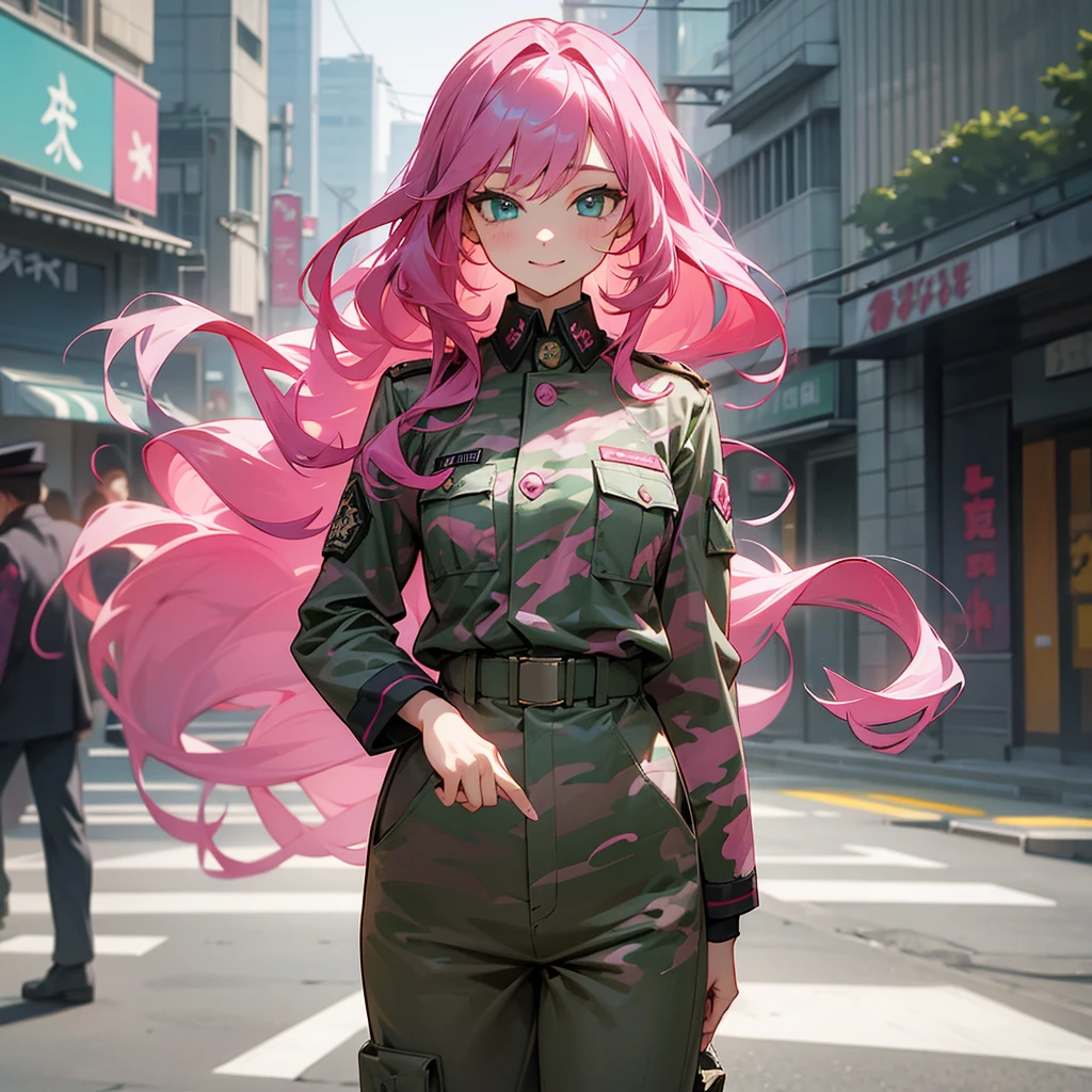 1female, adult, sexy, finely detailed aqua eyes, curly long hair, magenta hair color, pink hair color, military clothing, baggy military camo pants, standing on building, day time, tokyo streets, calm expression, smile, flowers