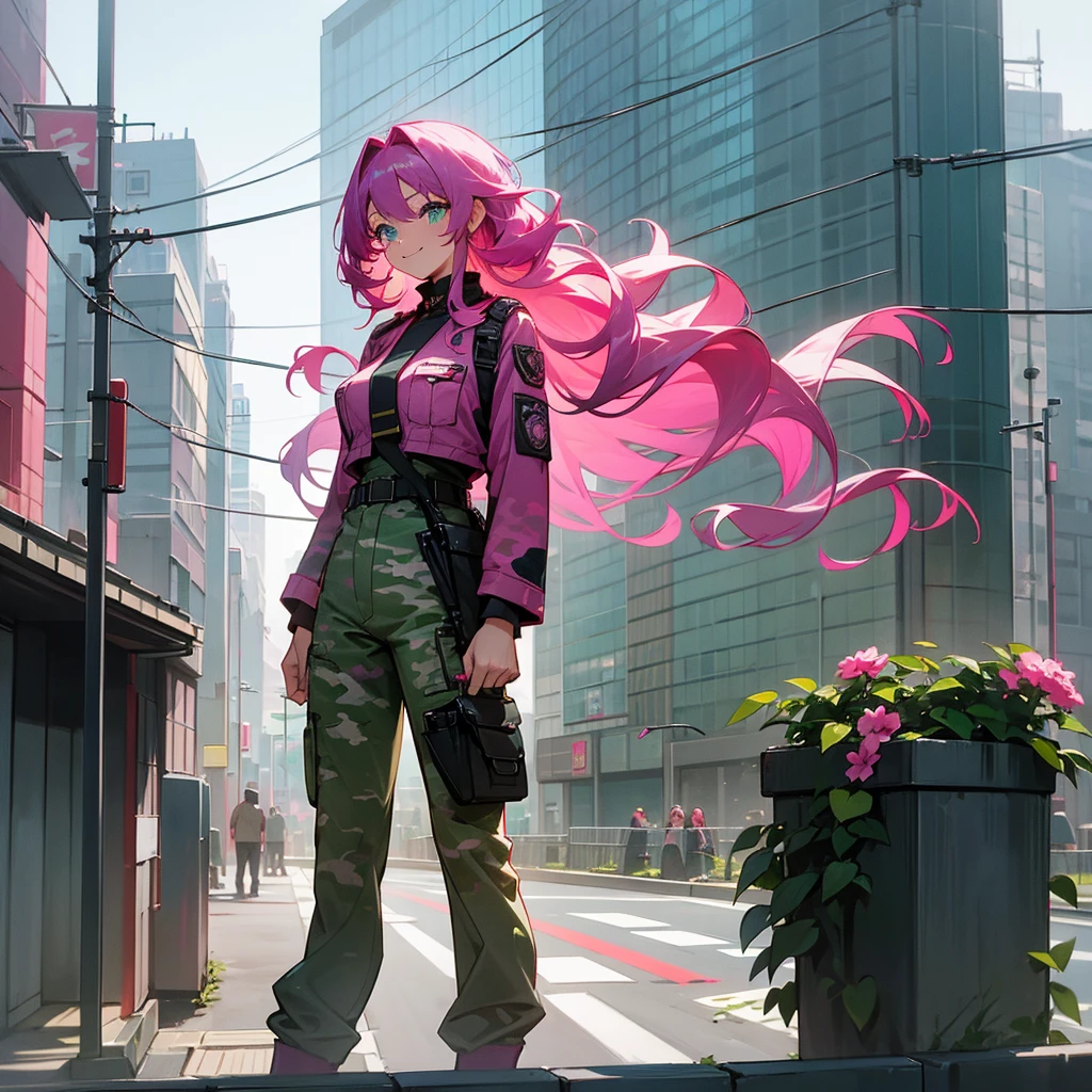 1female, adult, sexy, finely detailed aqua eyes, curly long hair, magenta hair color, pink hair color, military clothing, baggy military camo pants, standing on building, day time, tokyo streets, calm expression, smile, flowers