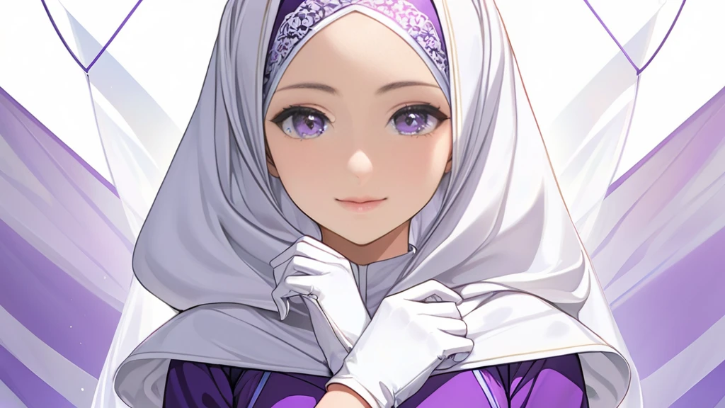 High-resolution anime digital art, Masterpiece, Female, Tomboy, Mature, Humble, Kind, Smart, purple eyes, wearing white hijab, cover all hair with hijab, Wearing long purple dress, Women's white fabric gloves, vivid colours, White backgrounds.