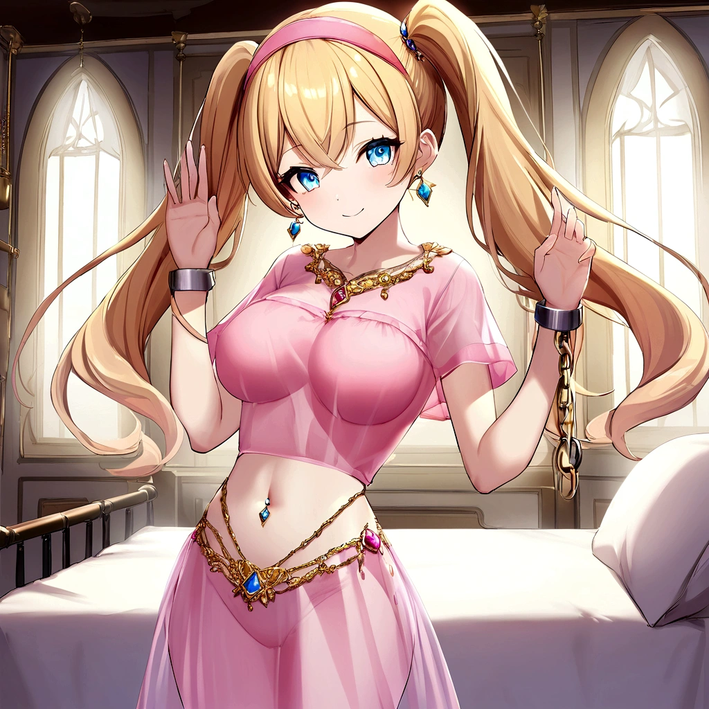 nude young girl with blue eyes, blonde hair, a pink hairband and with very large breasts and a very thin waist in a pink see-through t-shirt, short pink wee-through skirt and twintails standing with a puffed up chest and arched back, smiling while looking at the viewer. She is standing in front of a bed covered in pillows in a palace bedroom. She wears a jewel navel piercing, and long golden chain earrings. Prison shackles is hanging from the wall.