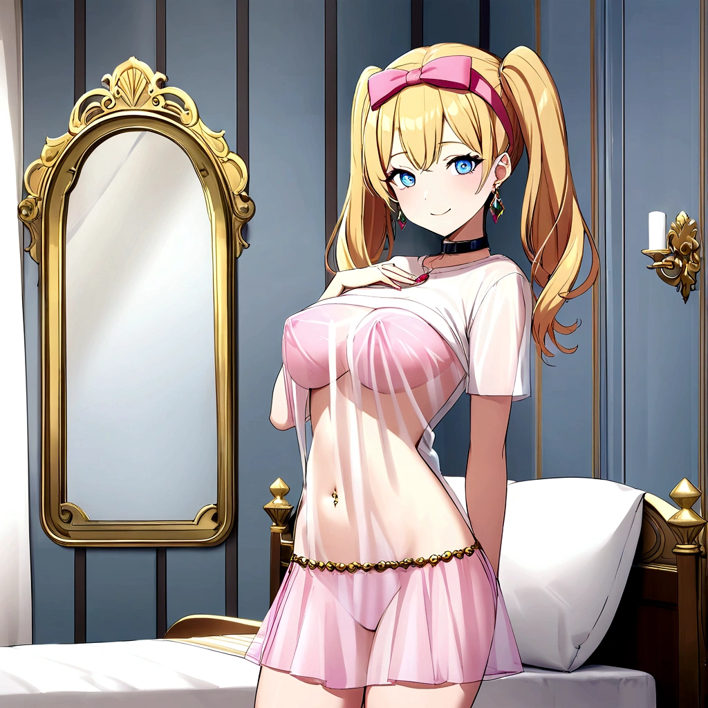 nude young girl with blue eyes, blonde hair, a pink hairband and with very large breasts and a very thin waist in a pink see-through t-shirt, short pink wee-through skirt and twintails standing with a puffed up chest and arched back, smiling while looking at the viewer. She is standing in front of a bed covered in pillows in a palace bedroom. She wears a jewel navel piercing, and long golden chain earrings. Prison shackles is hanging from the wall.
