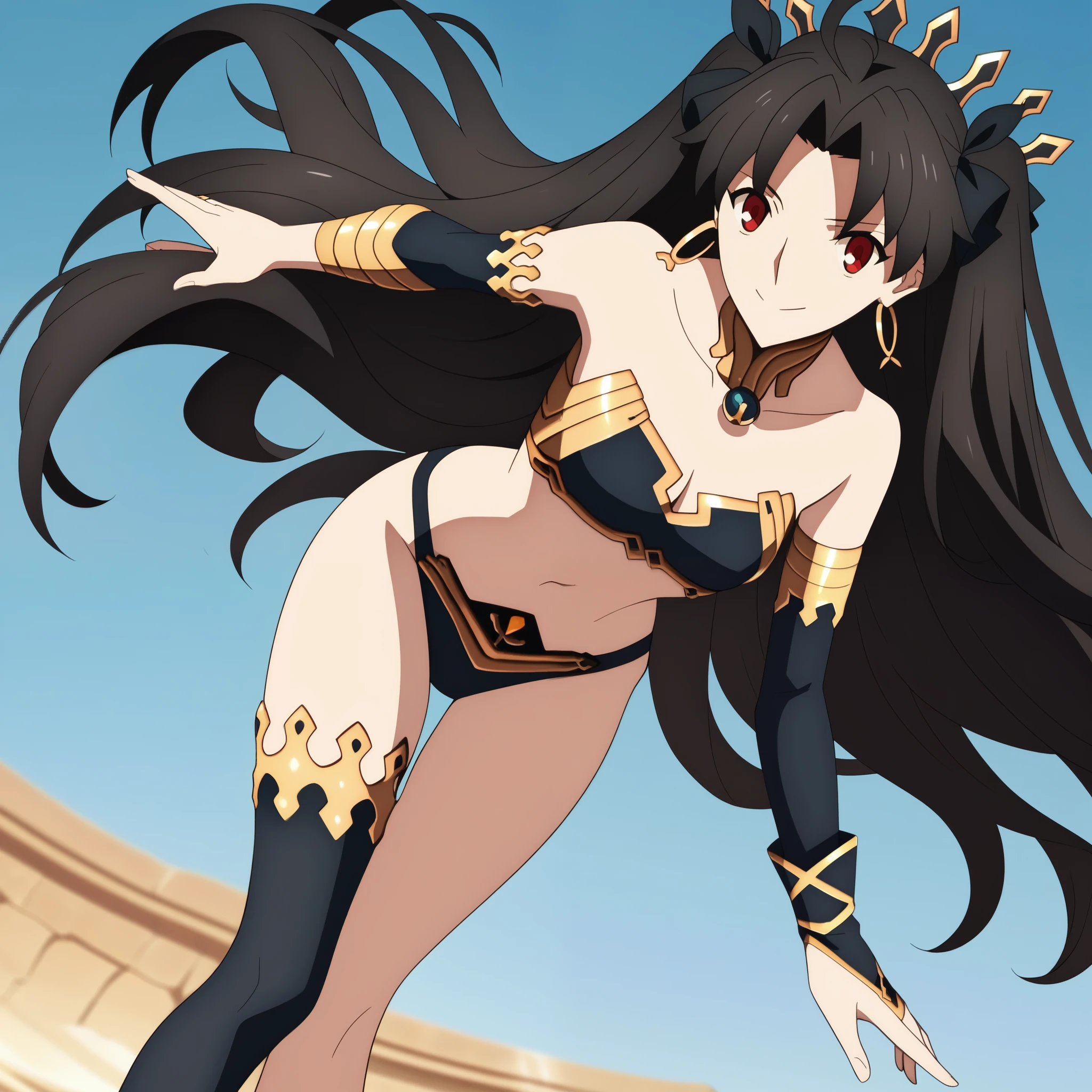 score_9, score_8_up, score_7_up, source_anime,
ishtar,
ishtar, long hair, black hair, ribbon, hair ribbon, two side up, red eyes, parted bangs, crown,
thighhighs, navel, jewelry, earrings, single thighhigh, armlet, asymmetrical legwear, anklet, uneven legwear, neck ring, single elbow glove, asymmetrical sleeves, uneven sleeves,
oasis, bent over, smile,hands behind back,
looking at viewer, cowboy shot, solo, dutch angle,