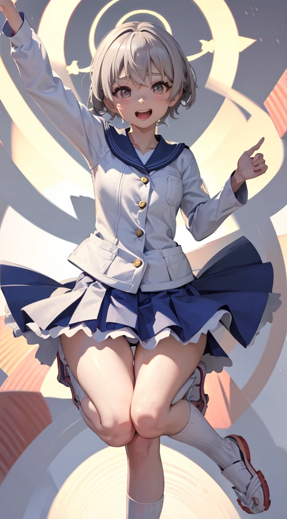 2D illustration, whole body, Anime Girls, Wearing a Japanese uniform, Wide Shot, Long Shot, cute, Gray Hair, short hair, Ahegao Hair , Happy expression, Jump, Idol