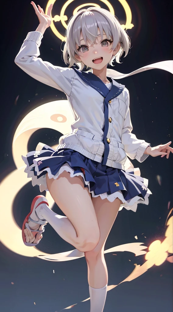 2D illustration, whole body, Anime Girls, Wearing a Japanese uniform, Wide Shot, Long Shot, cute, Gray Hair, short hair, Ahegao Hair , Happy expression, Jump, Idol