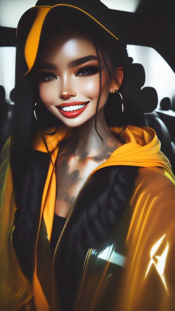 Jubilee,short black hair, brown eyes, solo, standing, upper body, covered nipples, smile,
jubJak, open yellow jacket, purple shades on head, hoop earrings ,blue gloves, pink shirt,
streets, chain fence, retro, graffiti,
(insanely detailed, beautiful detailed face, masterpiece, beautiful detailed eyes, best quality)