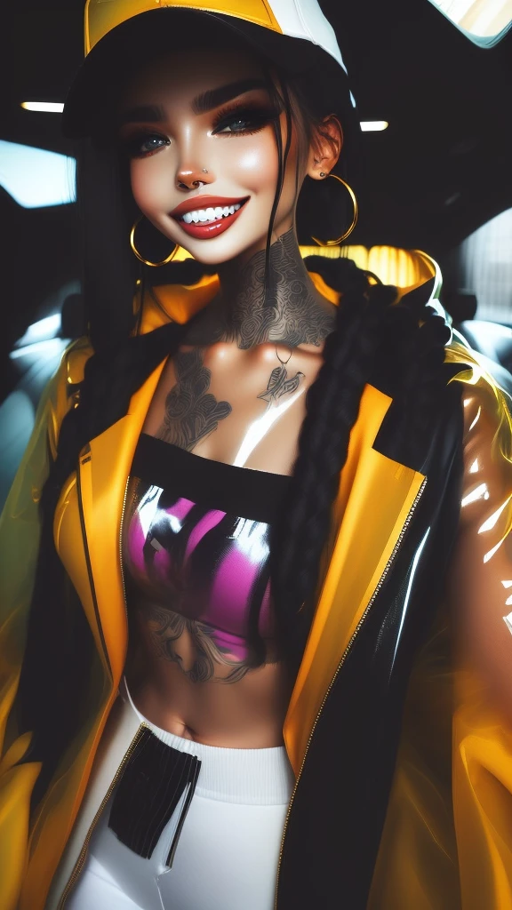 Jubilee,short black hair, brown eyes, solo, standing,  upper body,     covered nipples,   smile, 
jubJak,  open yellow jacket, purple shades on head, hoop earrings ,blue gloves, pink shirt, 
streets, chain fence,  retro,  graffiti, 
 (insanely detailed, beautiful detailed face, masterpiece, beautiful detailed eyes, best quality)