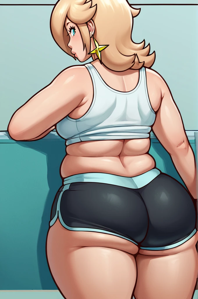 score_9, score_8_up, 2D, flat color, thick outlines, 1girl, solo, rosalina, White tank top, black shorts, ((chubby body)), ((big thighs)), turn around, back shot, ((big butt))