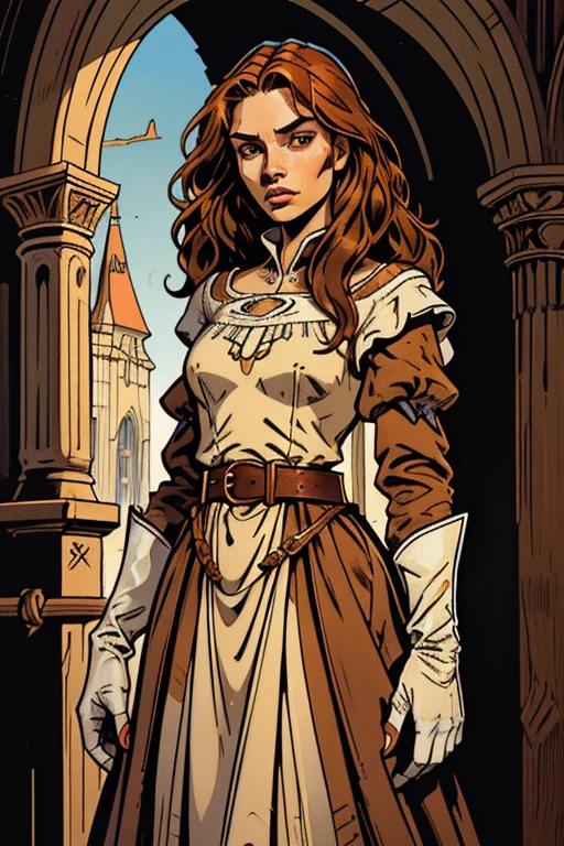 1girl, young, oval face, beautiful face, soft caramel-colored skin, large eyes, long wavy auburn hair, delicate, modestly dressed, practical clothing, dark blue cotton gown, sleeves that end above wrists, gloves, brown belt, slender figure, medieval village,