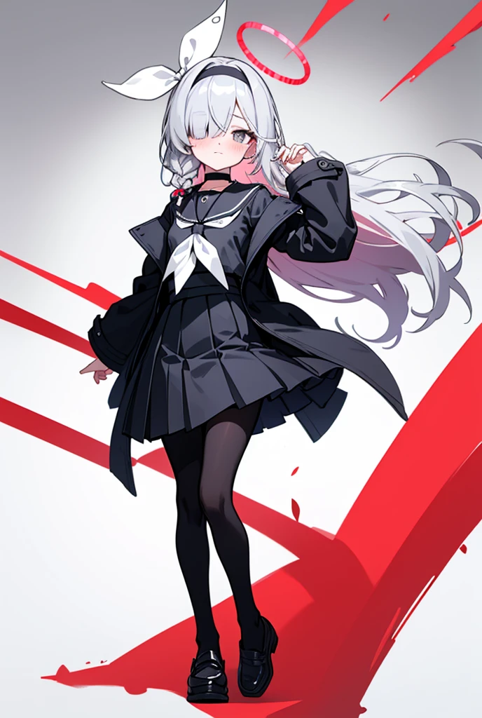 (masterpiece, best quality), 1girl, 1girl,hairband,long hair,halo,solo,hair over one eye,white hair,braid,choker,,blush,very long hair,sailor collar,long sleeves,serafuku,skirt,ribbon,grey eyes,neckerchief,black choker,closed mouth,ribbon,pleated skirt,black skirt,black serafuku,jacket,single braid,shirt,eyes visible through hair,bow hairband,grey eyes,hair ribbon,black jacket,black shirt,grey hair,black hairband,small breasts,shoes,standing,pantyhose