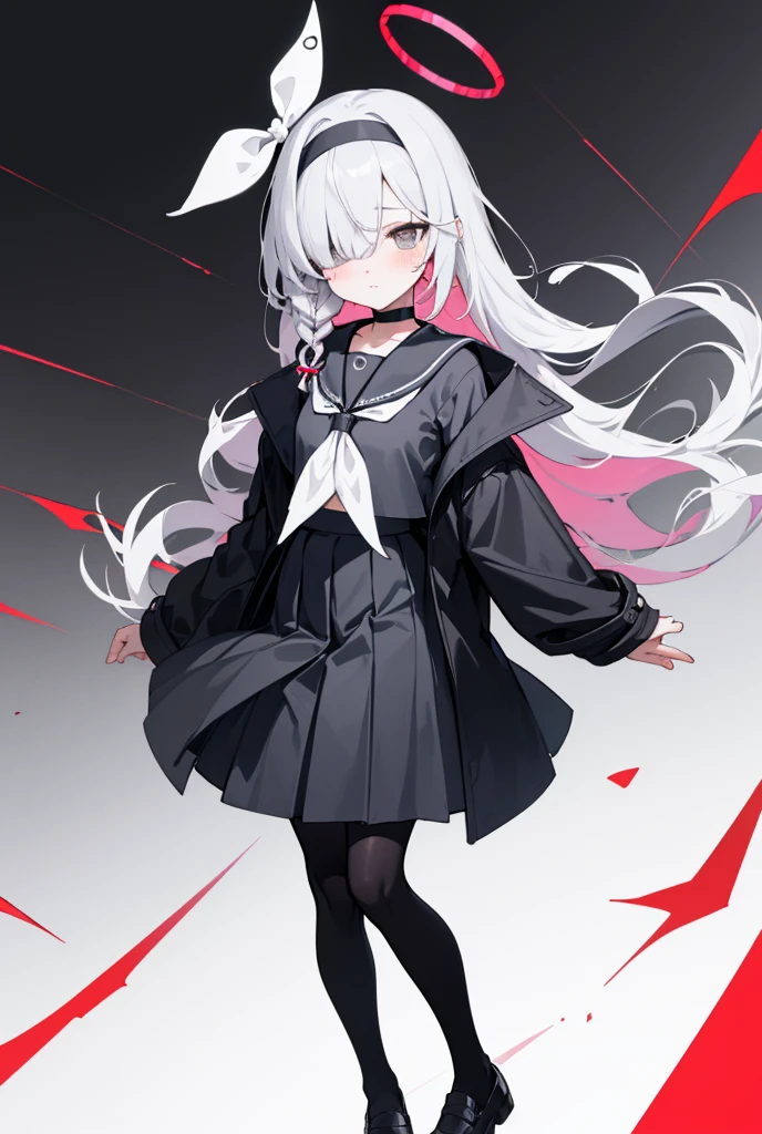(masterpiece, best quality), 1girl, 1girl,hairband,long hair,halo,solo,hair over one eye,white hair,braid,choker,,blush,very long hair,sailor collar,long sleeves,serafuku,skirt,ribbon,grey eyes,neckerchief,black choker,closed mouth,ribbon,pleated skirt,black skirt,black serafuku,jacket,single braid,shirt,eyes visible through hair,bow hairband,grey eyes,hair ribbon,black jacket,black shirt,grey hair,black hairband,small breasts,shoes,standing,pantyhose
