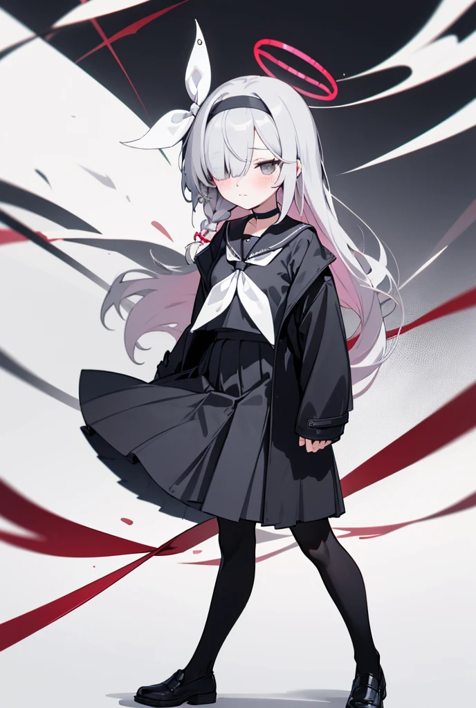 (masterpiece, best quality), 1girl, 1girl,hairband,long hair,halo,solo,hair over one eye,white hair,braid,choker,,blush,very long hair,sailor collar,long sleeves,serafuku,skirt,ribbon,grey eyes,neckerchief,black choker,closed mouth,ribbon,pleated skirt,black skirt,black serafuku,jacket,single braid,shirt,eyes visible through hair,bow hairband,grey eyes,hair ribbon,black jacket,black shirt,grey hair,black hairband,small breasts,shoes,standing,pantyhose