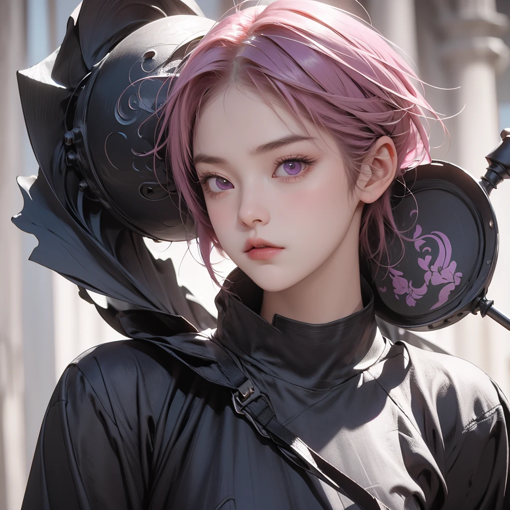 1girl, short pink hair, purple eyes, wearing full knight armor, wearing black masker, steel mask, standing in the middle of a vast flower field, angry face, close up, 8K, Hi-Res, center