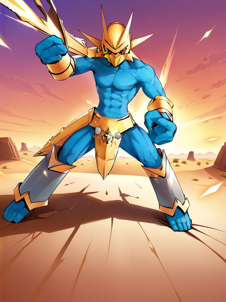 solo,angry Magnamon,tall, blue and white skin,(battle damaged:1.5),(topless Magnamon:2),(armor fragments:1.5),(shirtless:1.5), fighting_stance, in desert ,full_shot