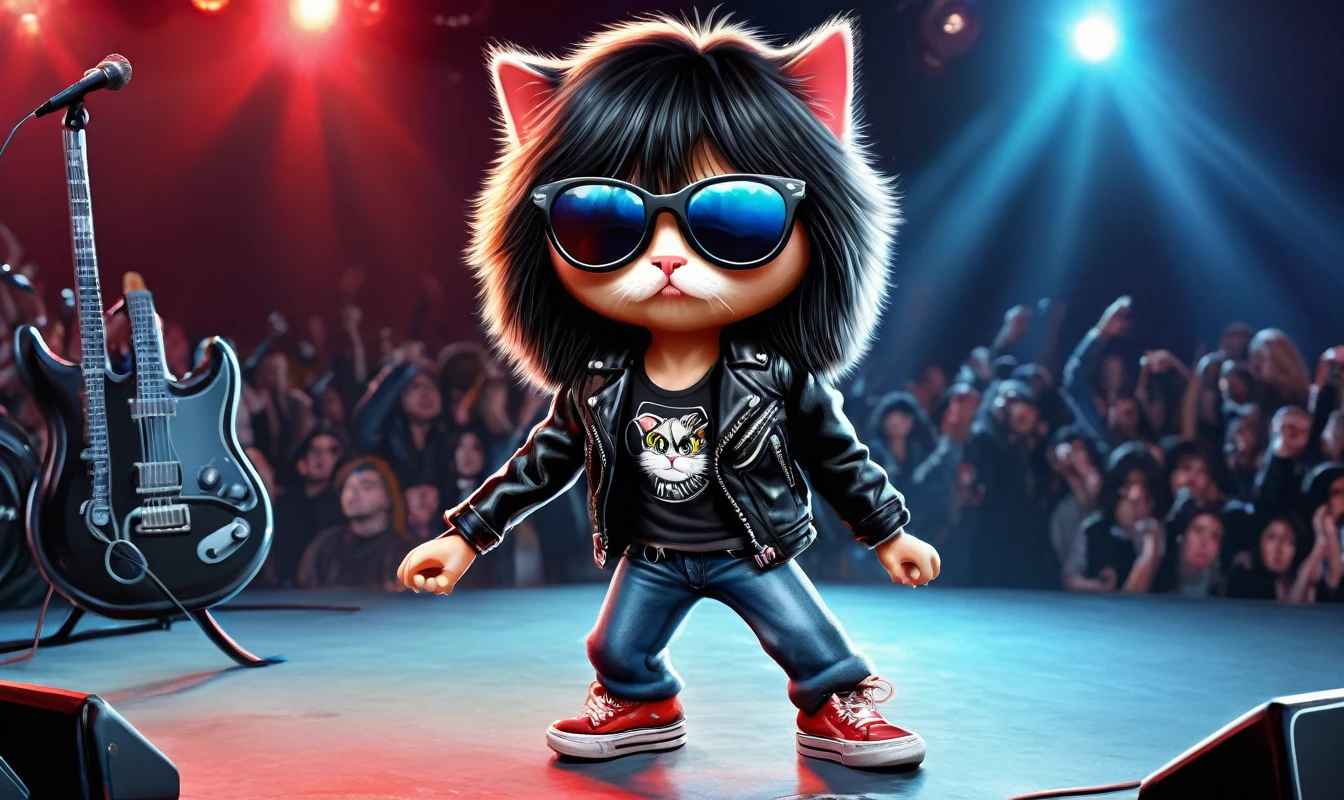 A kitten fluffy cartoon digital painting 3d realistic with very longhair black with bangs, cover band Ramones, Joey Ramone singing with microphone in hand, black leather jacket, jeans pants (black sunglasses with oval lenses red) digital painting, All Star shoes in the background concert stage with several lights blue, isometric view, Cinematic, Hyperrealistic, Backlit, Extremely low angle, Highly detailed, scaled down, Unrealistic rendering, 16K