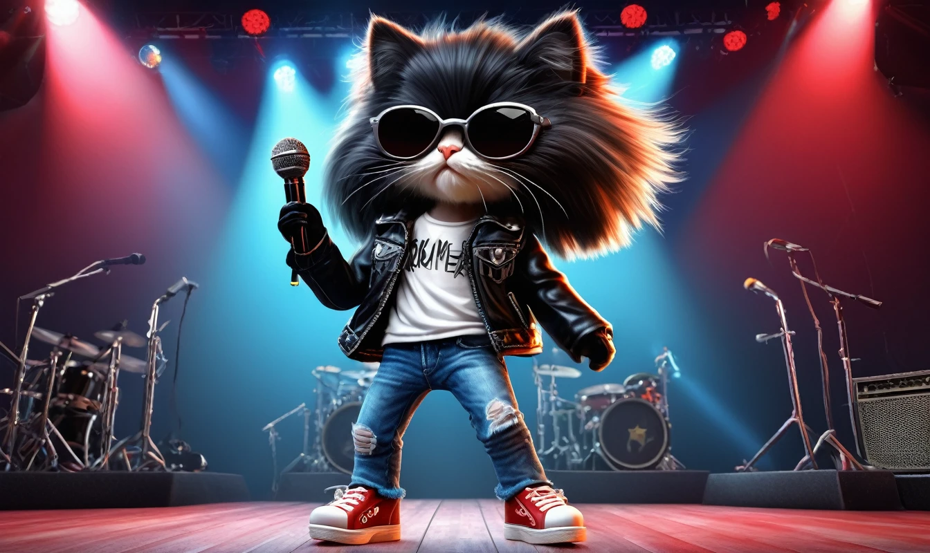 A kitten fluffy cartoon digital painting 3d realistic with very longhair black with bangs, cover band Ramones, Joey Ramone singing with microphone in hand, black leather jacket, jeans pants (black sunglasses with oval lenses red) digital painting, All Star shoes in the background concert stage with several lights blue, isometric view, Cinematic, Hyperrealistic, Backlit, Extremely low angle, Highly detailed, scaled down, Unrealistic rendering, 16K