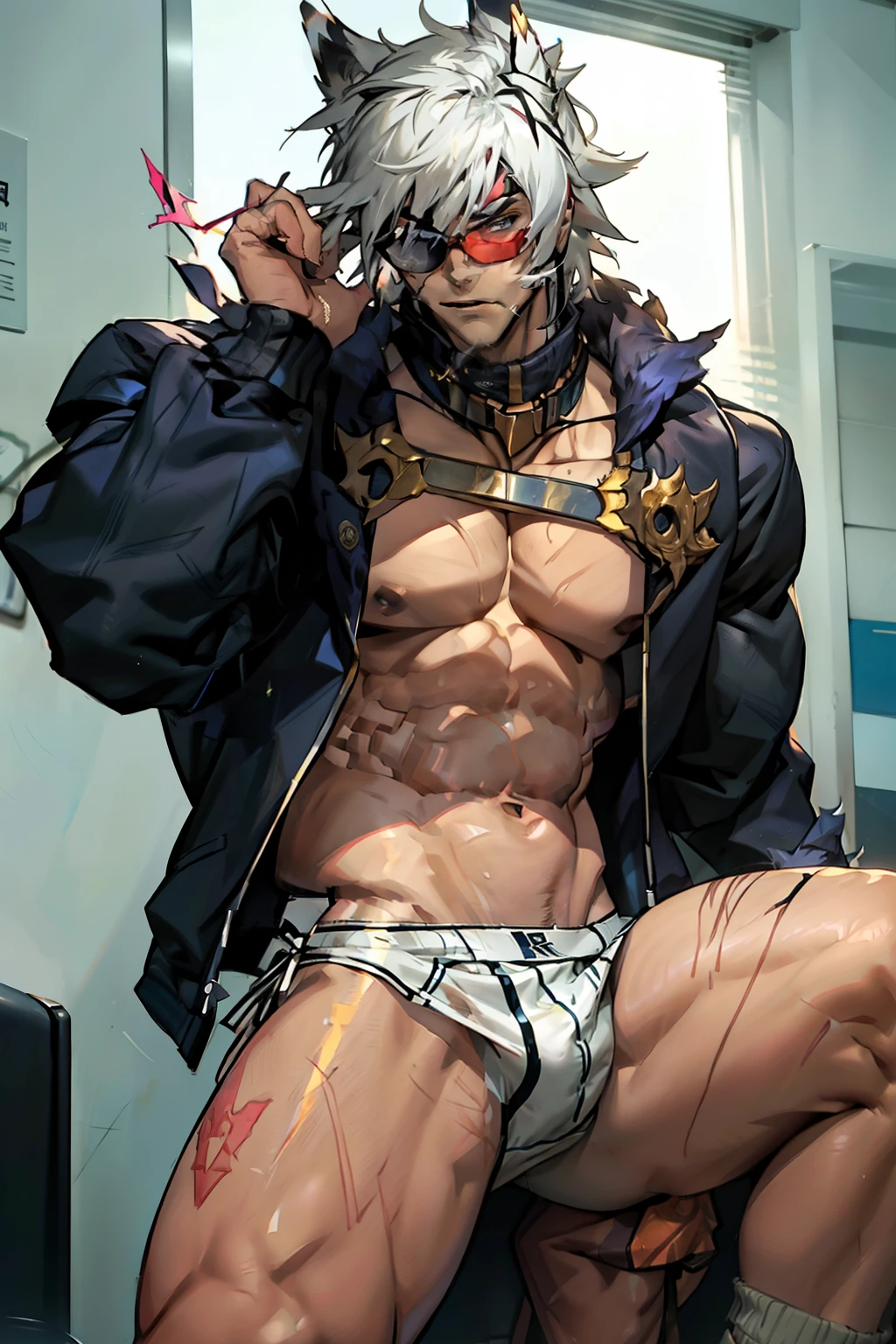 (1 boy,Be a man),Muscular anime guy in the gym, facial expression like masturbation, 1boy, bikini, Tight muscles, Broad shoulders, Handsome and old, Tiny underwear, Sexy, sex, Guy, Gay, Sea, jacket, sunglasses, boy, floral bikini, bright white hair, tight leg muscles, big Cook,
