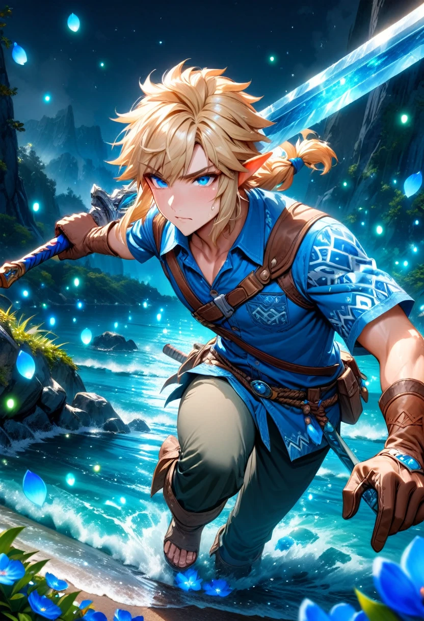 Ultra detailed, highres, absurdres, HDR, master piece, Link, blond hair, expressive blue eyes, blue shirt, The Legend Of Zelda (Breath Of The Wild), fantasy, blue petals, blue flowers, handsome, sexy man holding a sword, solo, magical, shining blue fireflies, best quality, extremely detailed face and eyes, water, holding a sword (master sword), man, brown gloves,