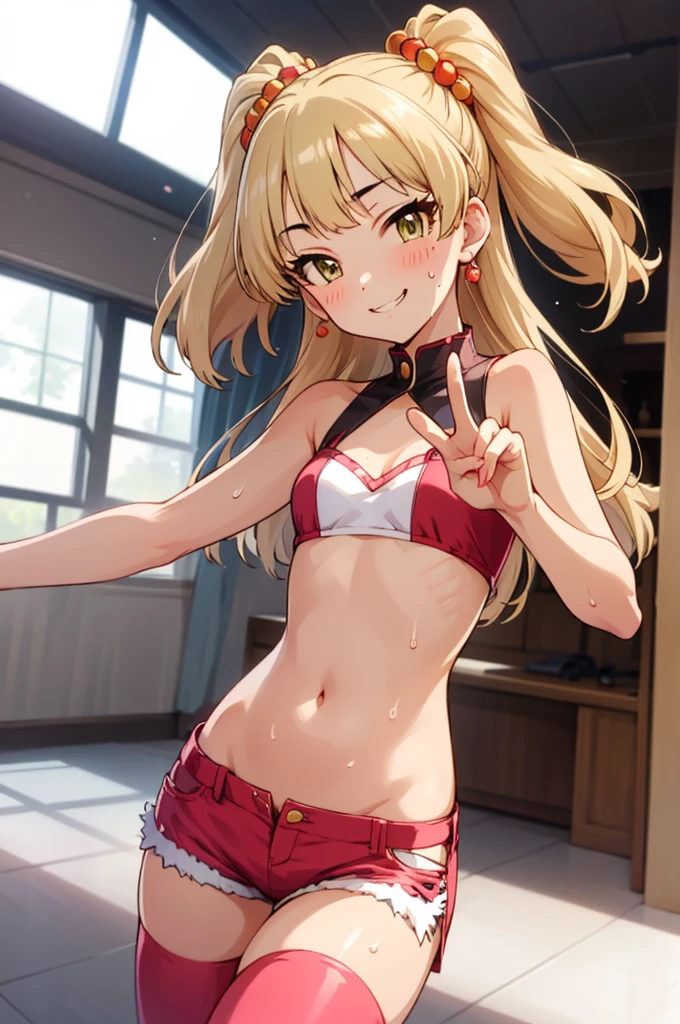 , aarika, long hair, two side up, hair bobbles, small breasts, looking viewer,evil smile,,crop top,bare arms,navel,shorts,thighhighs,(((Gyaru))),indoor,blush,sweating,peace sign,standing