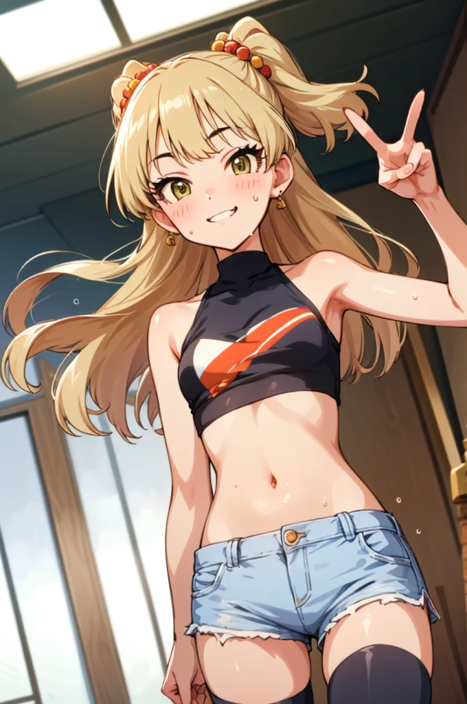 , aarika, long hair, two side up, hair bobbles, small breasts, looking viewer,evil smile,,crop top,bare arms,navel,shorts,thighhighs,(((Gyaru))),indoor,blush,sweating,peace sign,standing