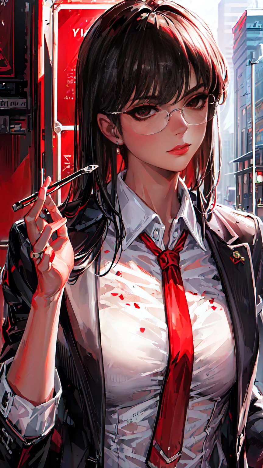 (Masterpiece, Best Quality, Ultra High Resolution)
Fancy woman in a vintage look, with red detailed eyes, in business suit with red tie and white shirt, dark half-rimmed aviator glasses,
The character is half-turned , looking sideways into the distance.