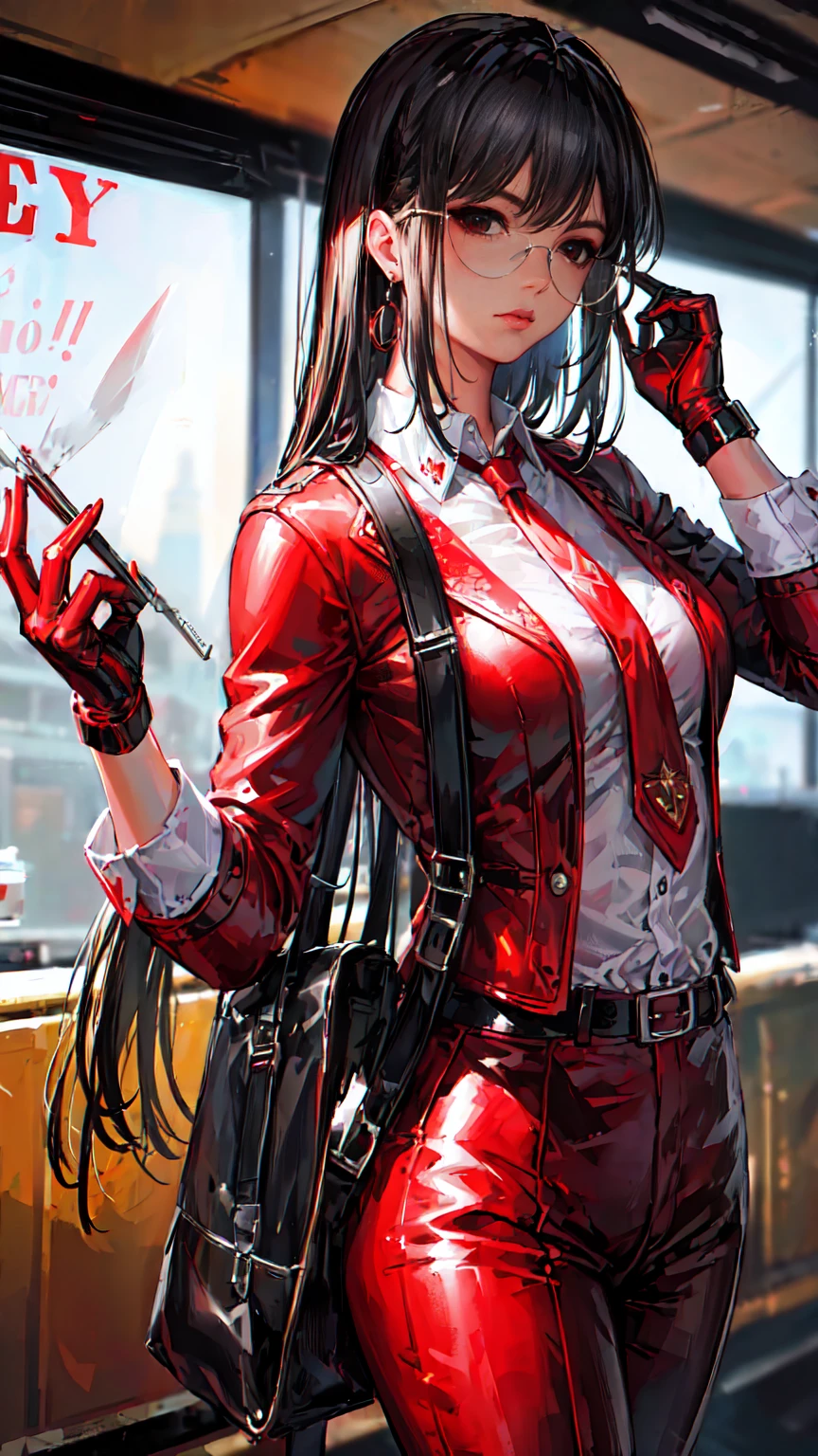 (Masterpiece, Best Quality, Ultra High Resolution)
Fancy woman in a vintage look, with red detailed eyes, in business suit with red tie and white shirt, dark half-rimmed aviator glasses,
The character is half-turned , looking sideways into the distance.
