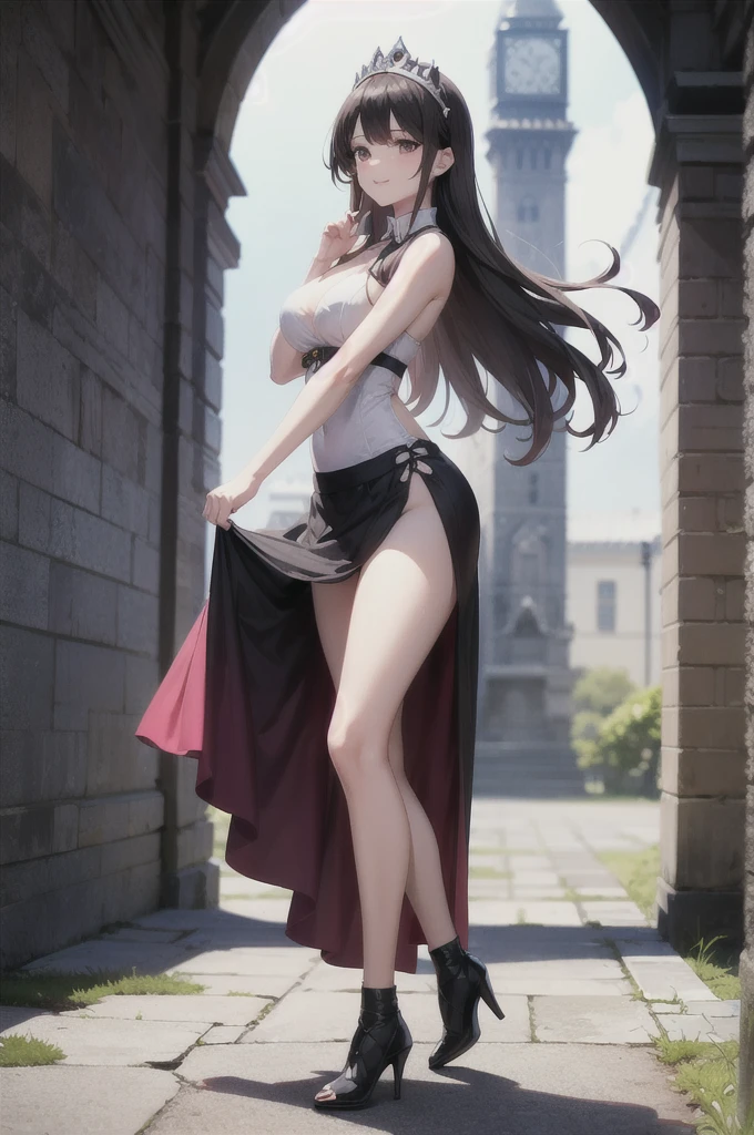Mulher adulta, Cabelo longo branco e ondulado 、vestido branco, Mamilo inchado、(saia longa larga),、linda tiara 、Anel de mamilo de orelha 、Medium milk, rosto de sorriso fofo 、Poses that emphasize the buttocks、(virou-se)、quadris sexy 、salto alto vermelho 、a castle courtyard 、pose sexy、(((The skirt is rolled up by the wind)))、((Calcinha Rosa Sexy))