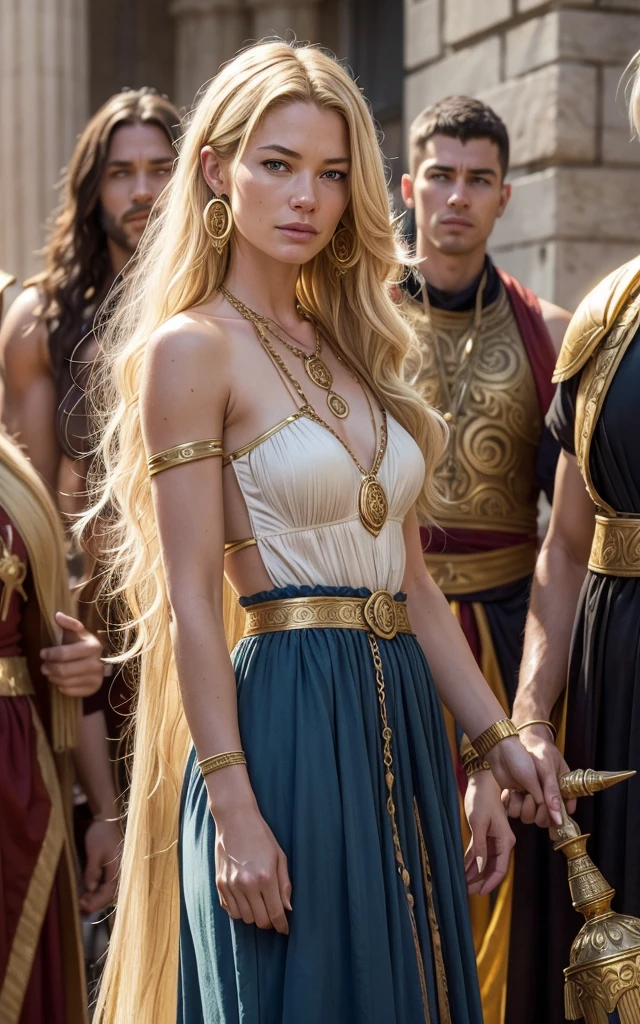 Flamme, (young Lena Headey:Evangeline Lilly), A woman with blond hair, intense blue eyes, a gold necklace with a ruby pendant, dressed in a white roman tunic and Roman sandals, with gold bracelets on her arms, tabern lupanar with a lot of men the background, masterpiece, hyperdetailed,((1girl)), blond hair,very long hair,sidelocks,red earrings,hair over one eye, barbarian soldiers behind her