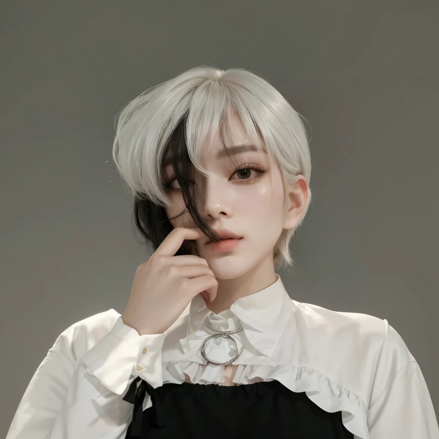 imagem arafada de uma mulher com cabelo branco e camisa branca, Delicate androgynous princess, inspirado em jeonseok lee, beautiful androgynous princess, inspirado em, cabelos brancos, ulzzang girl, kawaii girl, garota fofa, sombra do lado esquerdo do rosto