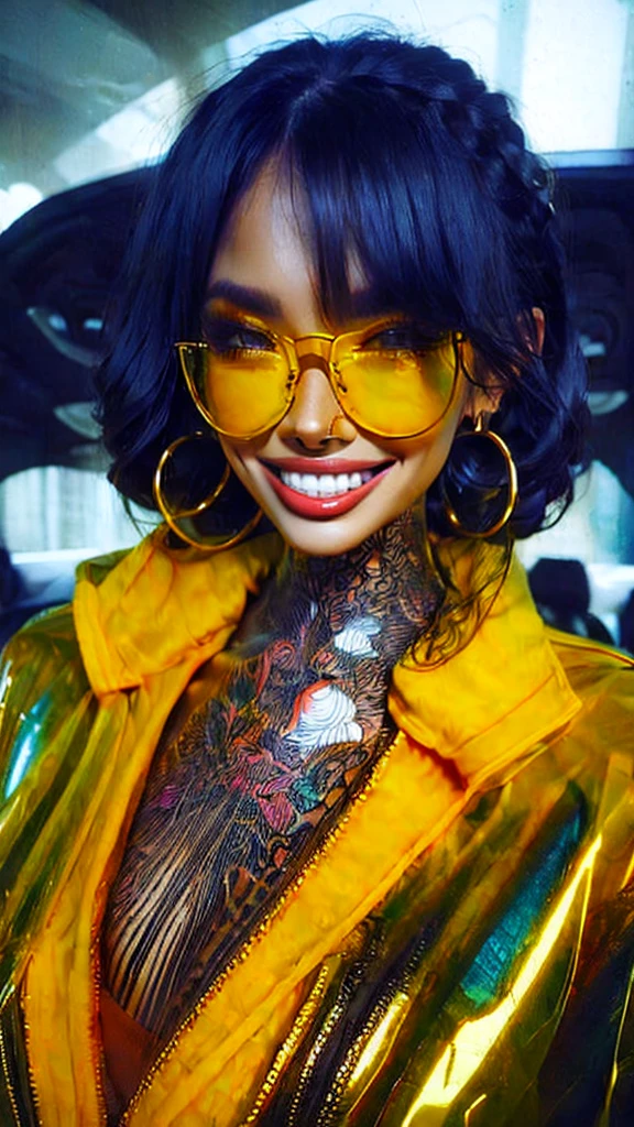 Jubilee,short black hair, brown eyes, solo, standing,  upper body,     covered nipples,   smile, 
jubJak,  open yellow jacket, purple shades on head, hoop earrings ,blue gloves, pink shirt, 
streets, chain fence,  retro,  graffiti, 
 (insanely detailed, beautiful detailed face, masterpiece, beautiful detailed eyes, best quality)