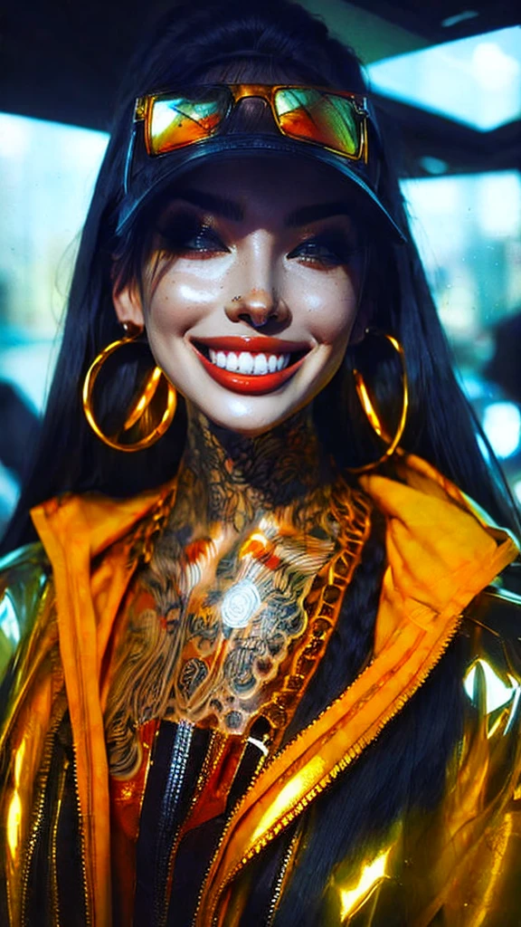 Jubilee,short black hair, brown eyes, solo, standing,  upper body,     covered nipples,   smile, 
jubJak,  open yellow jacket, purple shades on head, hoop earrings ,blue gloves, pink shirt, 
streets, chain fence,  retro,  graffiti, 
 (insanely detailed, beautiful detailed face, masterpiece, beautiful detailed eyes, best quality)