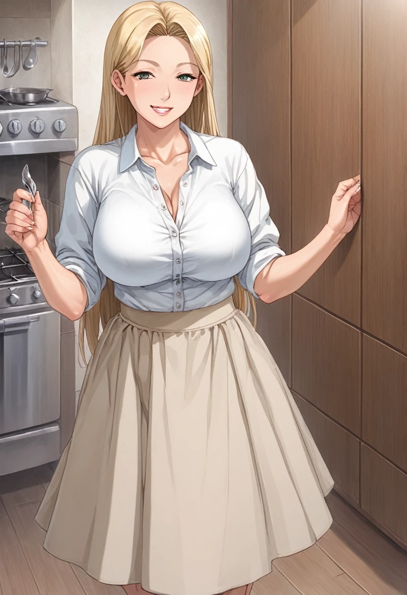 Anime, 2d anime, cartoon anime, detailed illustration, dynamic angle, ultra-detailed, illustration, full body shot, 1girl,  1950’s stay at home wife, button up blouse and long skirt, anime half closed eyes. A knowing smile, standing in kitchen, domestic goddess, blonde white American woman