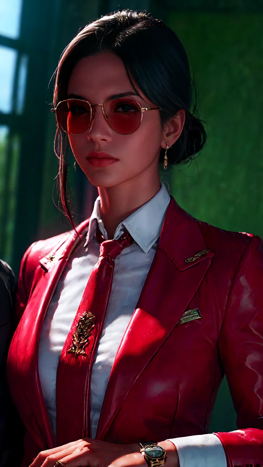 (Masterpiece, Best Quality, Ultra High Resolution) Fancy woman in a vintage look, with red detailed eyes, in business suit with red tie and white shirt, dark half-rimmed aviator glasses, The character is half-turned , looking sideways into the distance.