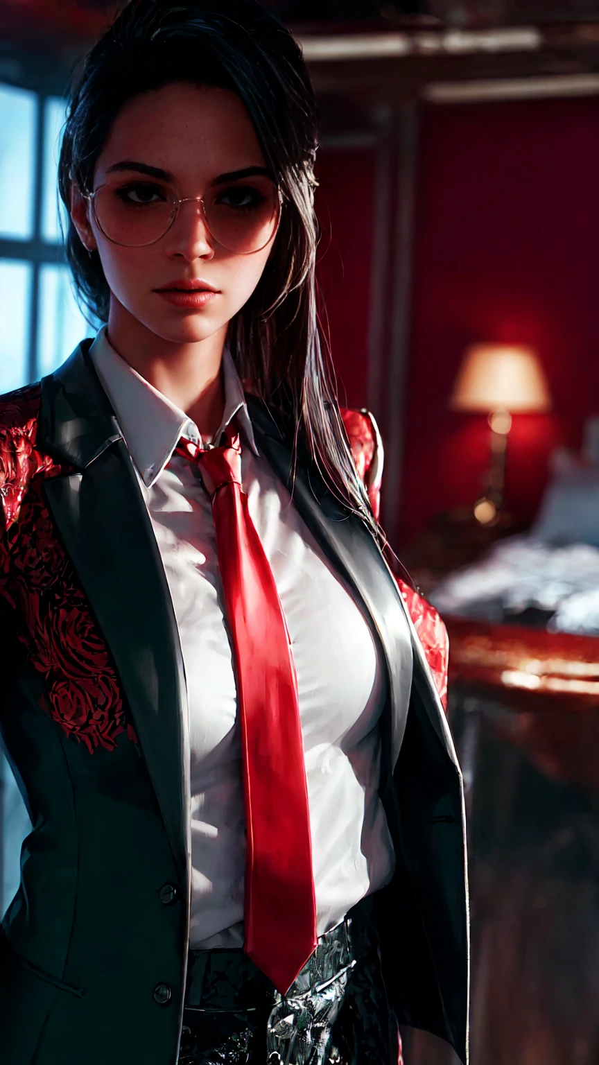 (Masterpiece, Best Quality, Ultra High Resolution) Fancy woman in a vintage look, with red detailed eyes, in business suit with red tie and white shirt, dark half-rimmed aviator glasses, The character is half-turned , looking sideways into the distance.