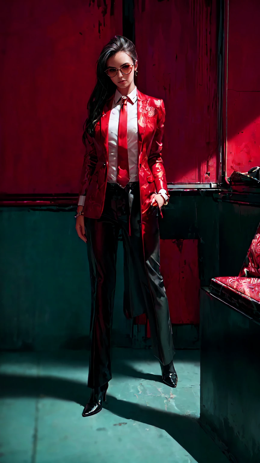 (Masterpiece, Best Quality, Ultra High Resolution) Fancy woman in a vintage look, with red detailed eyes, in business suit with red tie and white shirt, dark half-rimmed aviator glasses, The character is half-turned , looking sideways into the distance.