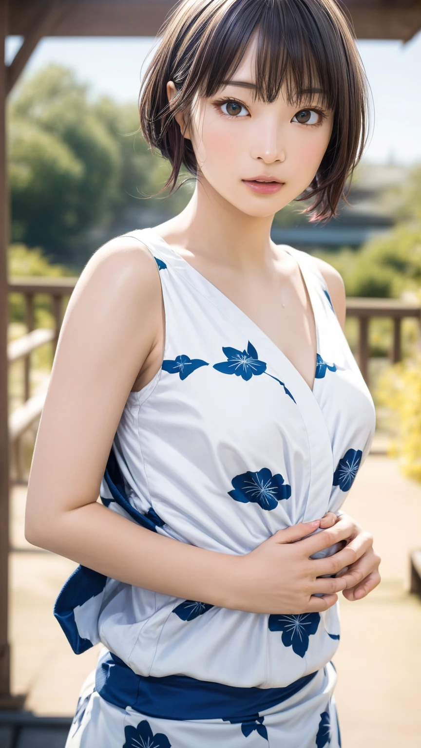 8K quality、High resolution、Realistic skin texture、High resolutionの瞳、woman、Japan summer yukata、Princess Hair、thin、リアルなwoman器、White thighs、Small breasts、Small breastsの谷間、Brown Hair、thin脚、Sweat、Bright sunshine
