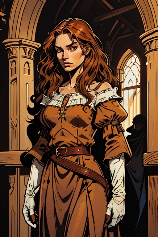 1girl, young, beautiful face, soft caramel-colored skin, large eyes, long wavy auburn hair, delicate, modestly dressed, practical clothing, dark blue cotton gown, sleeves that end above wrists, gloves, brown belt, slender figure, medieval village,
