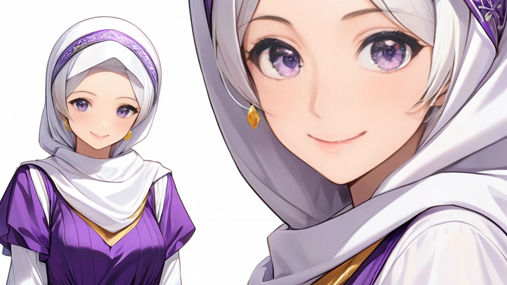 High-resolution anime digital art, Masterpiece, Female, Tomboy, Mature, Humble, Kind, Smart, purple eyes, wearing white hijab, Wearing long purple dress, Women's white fabric gloves, happy face, vivid colours, White backgrounds