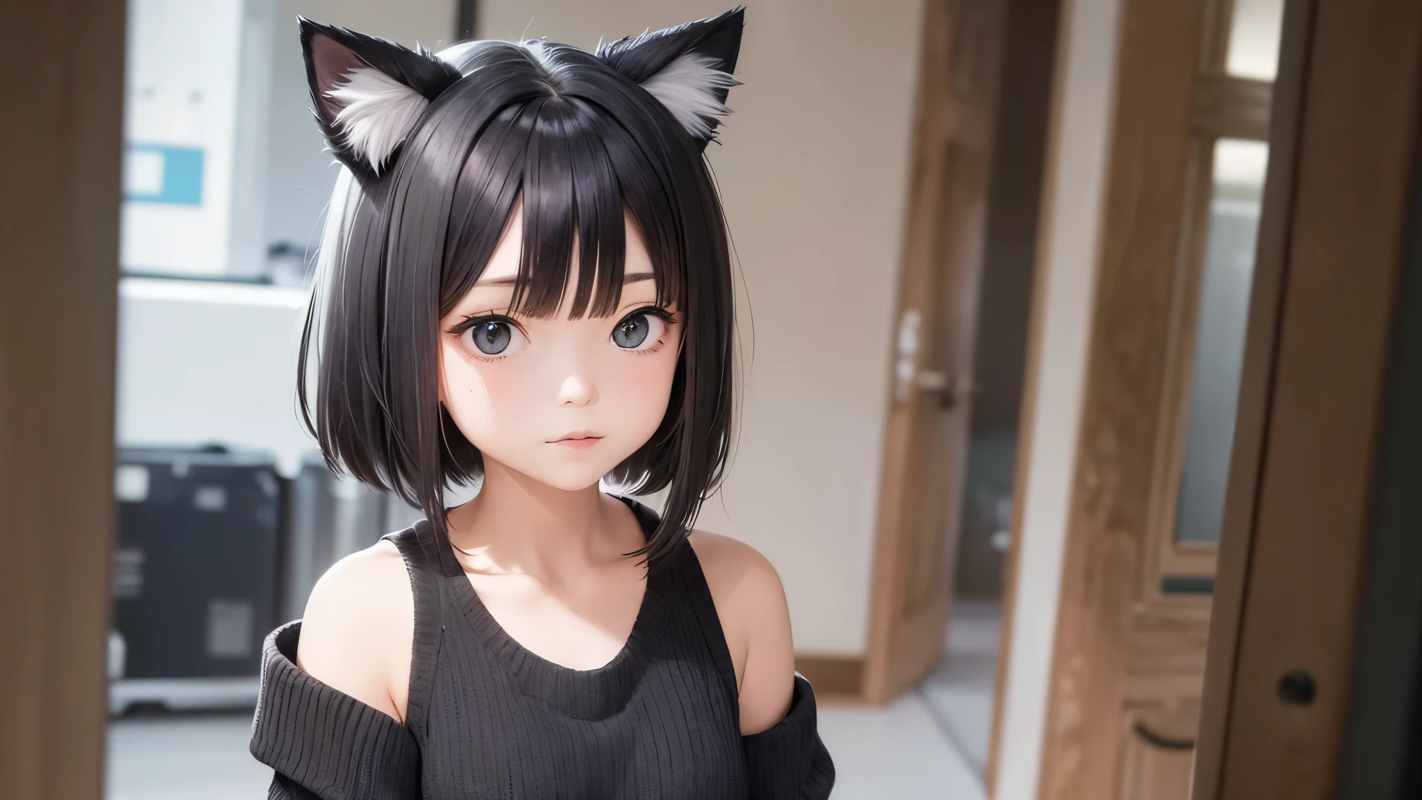 A girl in a gray sweater, with black short shoulder-length hair and cat ears.