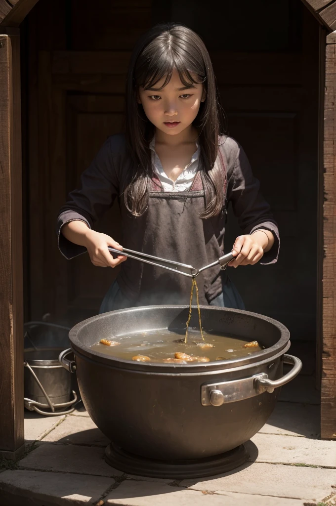 Girl being cooked in a cauldron 