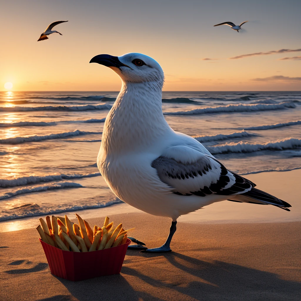 seagull, seagulls, fries, french fries, beach, coastal, ocean, seaside, waves, sunset, golden hour, beautiful detailed eyes, detailed feathers, detailed textures, intricate details, photorealistic, 8k, highly detailed, hyper realistic, cinematic lighting, dramatic lighting, vivid colors, stunning colors