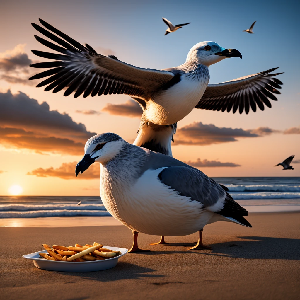 seagull, seagulls, fries, french fries, beach, coastal, ocean, seaside, waves, sunset, golden hour, beautiful detailed eyes, detailed feathers, detailed textures, intricate details, photorealistic, 8k, highly detailed, hyper realistic, cinematic lighting, dramatic lighting, vivid colors, stunning colors