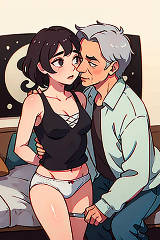 Femboy in underwear kissing a 60 year old man