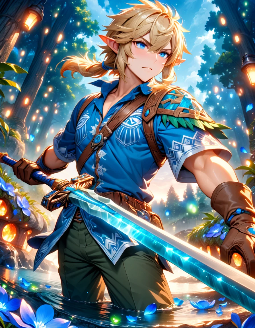 Ultra detailed, highres, absurdres, HDR, master piece, Link, blond hair, expressive blue eyes, blue shirt, The Legend Of Zelda (Breath Of The Wild), fantasy, blue petals, blue flowers, handsome, sexy man holding a sword, solo, magical, shining blue fireflies, best quality, extremely detailed face and eyes, water, holding a sword (master sword), man, brown gloves,