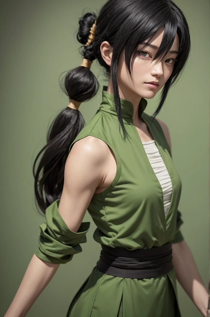 Faça a Toph Beifong, She has long black hair tied into a single bun and all her hair is tied up in it., with only his fringes between his white eyes due to blindness, and generally does not wear any eye strips. Toph is pictured wearing traditional earthbender clothing in shades of green and yellow..