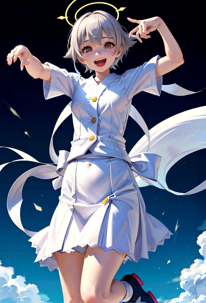 2D illustration, whole body, Anime Girls, Wearing a Japanese uniform, Wide Shot, Long Shot, cute, Gray Hair, short hair, Ahegao Hair , Happy expression, Jump, Idol