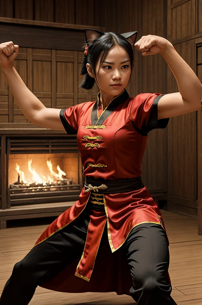 Generate an image of A cat wearing A kungfu dress, using his kung fu skills to fight off the bandits, showcasing his agility and strength.